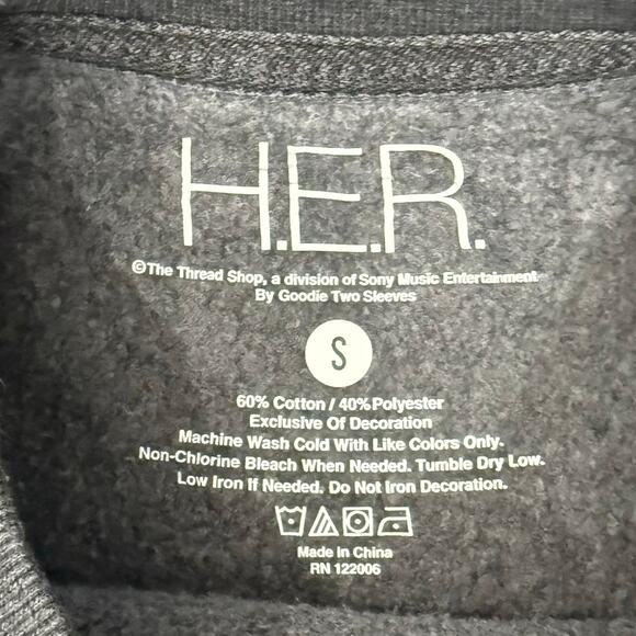 H.E.R. HER Charcoal Gray Pink Star Rhinestone Crew Neck Oversize Sweatshirt sz S - Picture 3 of 8